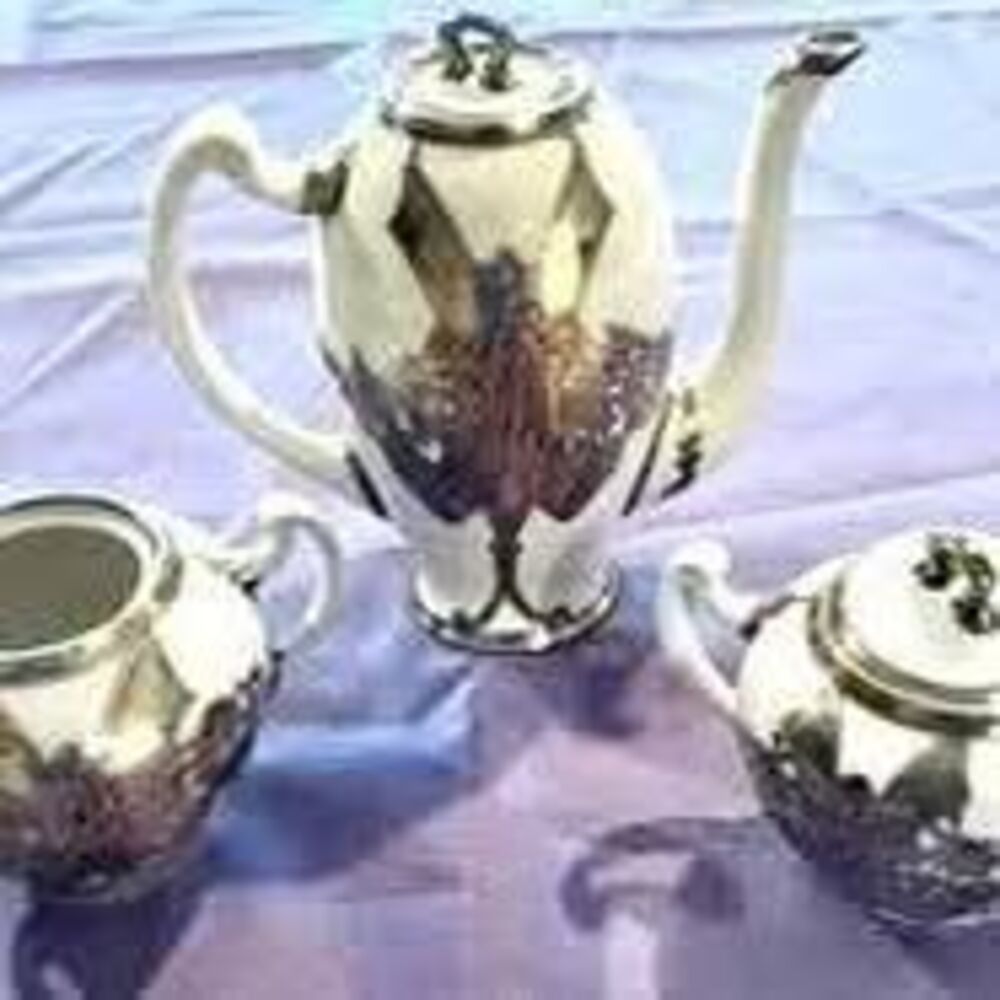 Japanese Vintage 3-Piece Silver Overlay Ceramic Tea Set